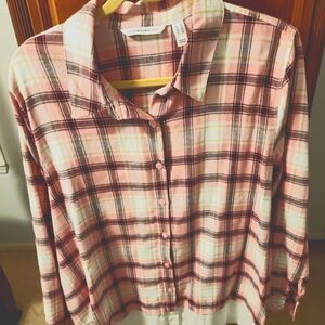 Isaac Mizrahi Plaid button front layered long sleeved shirt, Pink, Size 16